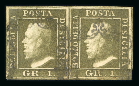 1859 1 Gr. Plate III, dark olive-green (verde oliva scuro), horizontal pair with good to fine margins. Fine used example.  Expertise: Signed E.Diena, "AD" Alberto Diena.