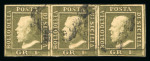 Stamp of Italian States » Sicily » 1 Grano, Plate III » Stamps Sicily 1859 1Gr plate III, dark olive green (verde oliva scuro) horizontal strip of three used