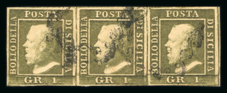 Stamp of Italian States » Sicily » 1 Grano, Plate III » Stamps Sicily 1859 1Gr plate III, dark olive green (verde oliva scuro) horizontal strip of three used