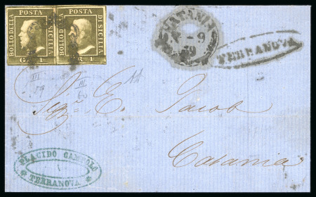 1859 1 Gr. Plate III, olive-green (verde oliva), horizontal pair, position 59-60, on cover from Terranova to Catania, with good to large margins. Cancelled by a single strike, contrary to regulations, plus oval TERRANOVA
