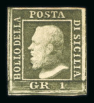 1859 1 Gr. Plate III, dark olive-green (verde oliva scuro), Palermo printing, position 95. Fresh example with good to large margins and original gum. A fine mint example of this scarce shade.  Expertise: Signed "ED" Emil