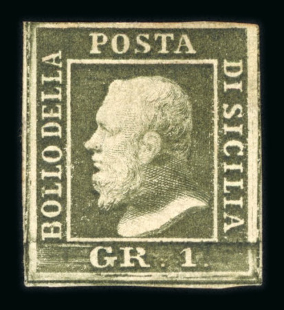 1859 1 Gr. Plate III, dark olive-green (verde oliva scuro), Palermo printing, position 95. Fresh example with good to large margins and original gum. A fine mint example of this scarce shade.  Expertise: Signed "ED" Emil