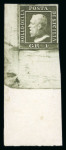 1859 1 Gr. Plate III, dark olive-green (verde oliva scuro), Palermo printing, bottom left corner sheet marginal example with original white gum. Fine and seldom encountered in this desirable positional form, a mint showp