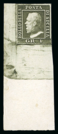 1859 1 Gr. Plate III, dark olive-green (verde oliva scuro), Palermo printing, bottom left corner sheet marginal example with original white gum. Fine and seldom encountered in this desirable positional form, a mint showp