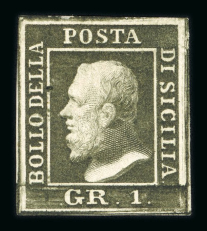 1859 1 Gr. Plate III, dark olive-green (verde oliva scuro), porous paper (PA). Mint with original white gum. A fine unused example.