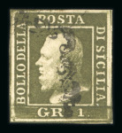 1859 1 Gr. Plate III, dark olive-green (verde oliva scuro), porous paper (PA), group of five used examples with good to fine margins. An attractive study group of this scarce plate and shade.