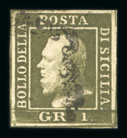 1859 1 Gr. Plate III, dark olive-green (verde oliva scuro), porous paper (PA), group of five used examples with good to fine margins. An attractive study group of this scarce plate and shade.