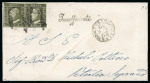 1859 1 Gr. Plate III, olive-green (verde oliva), porous paper (PA), horizontal pair on cover from Palermo to Petralia Soprana with italic "Insufficiente" handstamp