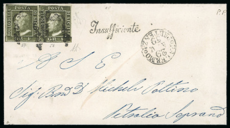 1859 1 Gr. Plate III, olive-green (verde oliva), porous paper (PA), horizontal pair on cover from Palermo to Petralia Soprana with italic "Insufficiente" handstamp