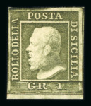 1859 1 Gr. Plate III, olive-green (verde oliva), position 93, fresh example with large to very large margins, mint with white original gum. A fine unused example.  Expertise: "AD" pencil initials.