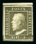 1859 1 Gr. Plate III, olive-green (verde oliva), fresh example with large to very large margins, mint with original gum. Minor thins. A fine unused example.
