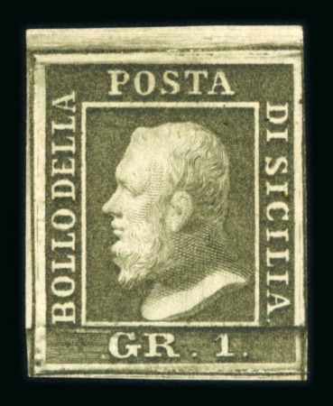 1859 1 Gr. Plate III, olive-green (verde oliva), fresh example with large to very large margins, mint with original gum. Minor thins. A fine unused example.