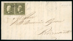 1859 1 Gr. Plate III, olive-green (verde oliva), horizontal pair with good margins all round, on large part entire to Piedimonte. Cancelled by a single central strike of the framed handstamp, contrary to regulations, wit
