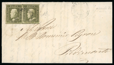 1859 1 Gr. Plate III, olive-green (verde oliva), horizontal pair with good margins all round, on large part entire to Piedimonte. Cancelled by a single central strike of the framed handstamp, contrary to regulations, wit
