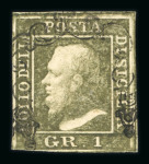 1859 1 Gr. Plate III, olive-green (verde oliva), from the worn plate state, with four margins. Fine used example.   Expertise: Signed “ED” and “AD” in pencil.