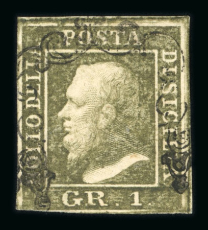 1859 1 Gr. Plate III, olive-green (verde oliva), from the worn plate state, with four margins. Fine used example.   Expertise: Signed “ED” and “AD” in pencil.