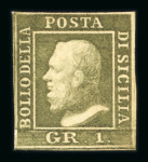 1859 1 Gr. Plate III, porous paper (PA), bright olive-green (verde oliva chiaro), with four clear margins. Fresh mint example with original gum. Very fine.   Expertise: Signed “AD” Alberto Diena.
