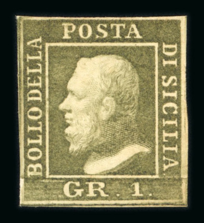 1859 1 Gr. Plate III, porous paper (PA), bright olive-green (verde oliva chiaro), with four clear margins. Fresh mint example with original gum. Very fine.   Expertise: Signed “AD” Alberto Diena.