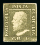 1859 1 Gr. Plate III, porous paper (PA), bright olive-green (verde oliva chiaro), position 51, with four clear margins. Fresh mint example with original gum. Very fine.  Expertise: Signed "ED" Emilio Diena, “AD” Alberto 