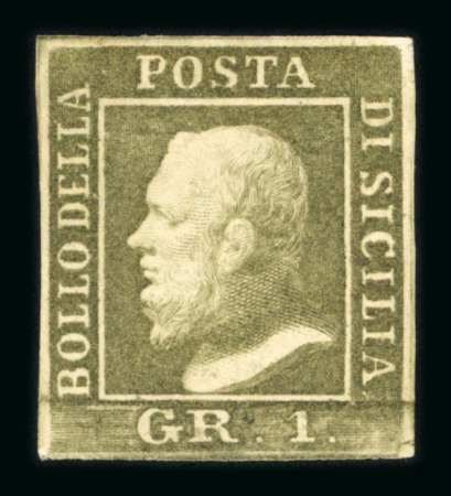 1859 1 Gr. Plate III, porous paper (PA), bright olive-green (verde oliva chiaro), position 51, with four clear margins. Fresh mint example with original gum. Very fine.  Expertise: Signed "ED" Emilio Diena, “AD” Alberto 