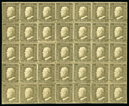 1859 1 Gr. Plate III, light olive-green (verde oliva chiaro), mint reconstructed block of thirty-five, comprising three blocks of six, three blocks of four, a horizontal strip of three, and a pair. Carefully reassembled 