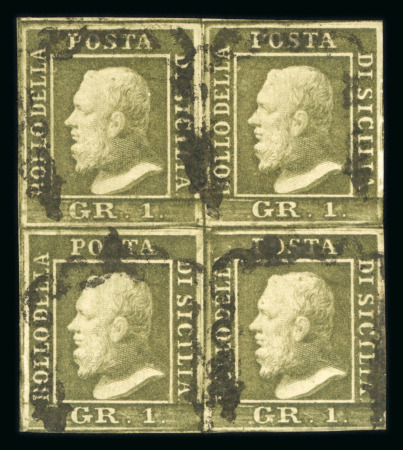 Stamp of Italian States » Sicily » 1 Grano, Plate III » Stamps Sicily 1859 1 Gr. plate III, bright olive green (verde oliva chiaro), reconstructed used block of four