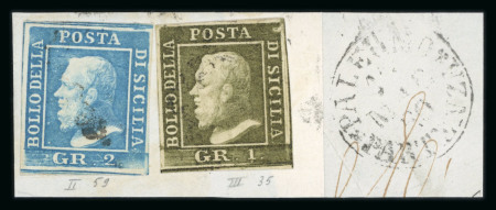 1859 1 Gr. Plate III, light olive-green (verde oliva chiaro), position 35, used on fragment together with 2 Gr., position 59, both lightly cancelled. Palermo cds alongside. A fine and attractive fragment showing this att