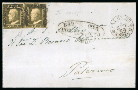 Stamp of Italian States » Sicily » 1 Grano, Plate III » Covers Sicily 1859 (Set) Folded letter sheet from Barcellona Pozzo di Gotto franked horizontal pair 1Gr. plate III dark olive green (verde oliva scuro)