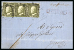 Stamp of Italian States » Sicily » 1 Grano, Plate III » Covers Sicily 1859 Cover from Casteltermini to Girgenti with horizontal strip of three 1 Gr. plate III, olive green (verde oliva)