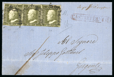 Stamp of Italian States » Sicily » 1 Grano, Plate III » Covers Sicily 1859 Cover from Casteltermini to Girgenti with horizontal strip of three 1 Gr. plate III, olive green (verde oliva)