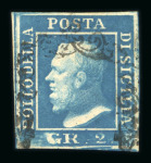1859 2 Gr. Plate I, ultramarine blue (azzurro oltremare), position 100, with four good to large margins. Fine used example and rare.