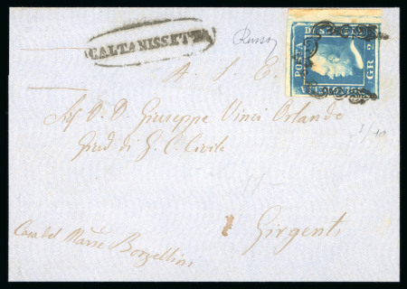 1859 2 Gr. Plate I, ultramarine (azzurro oltremare), applied sideways, with good to large margins and showing sheet margin at right. On undated cover to Girgenti, cancelled by oval-framed CALTANISSETTA despatch handstamp