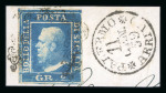1859 2 Gr. Plate I, ultramarine (azzurro oltremare), position 40, with four margins, tied to small fragment, with Palermo arrival cds alongside. Fine and attractive example of this scarce shade (Sassone 6d, €18,000).  A 