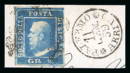 1859 2 Gr. Plate I, ultramarine (azzurro oltremare), position 40, with four margins, tied to small fragment, with Palermo arrival cds alongside. Fine and attractive example of this scarce shade (Sassone 6d, €18,000).  A 