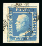 1859 2 Gr. Plate I, ultramarine (azzurro oltremare), with four good margins, tied to fragment. Fine used example of this rare shade.  Expertise: Signed "AD" Alberto Diena