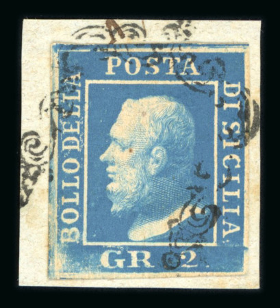 1859 2 Gr. Plate I, ultramarine (azzurro oltremare), with four good margins, tied to fragment. Fine used example of this rare shade.  Expertise: Signed "AD" Alberto Diena