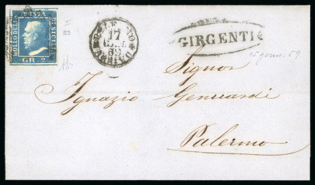 Stamp of Italian States » Sicily » 2 Grana, Plate I » Covers Sicily 1859 (15.1) Cover from Girenti to Palermo, bearing single of the very rare shade 1859 2 Gr. plate I, dark cobolt (cobalto scuro),