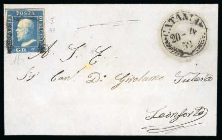 1859 2 Gr. Plate I, ultramarine (azzurro oltremare), position 97, with four good margins, on cover dated 20 April, 1859 to Leonforte with by Catania despatch cds at right.   A fine and attractive cover bearing this rare 