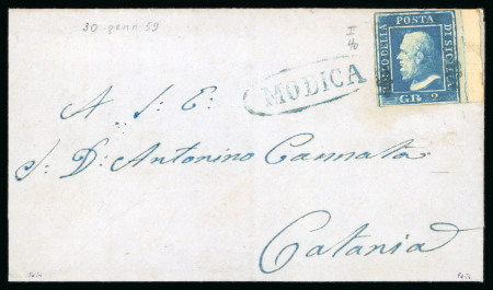 Stamp of Italian States » Sicily » 2 Grana, Plate I » Covers Sicily 1859 (30.1) Cover from Modica to Catania, bearing single 1859 2 Gr. plate I, cobalt (cobalto)