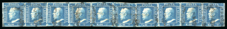 1859 2 Gr. Plate I, dark cobalt (cobalto scuro), exceptional horizontal strip of ten, positions 51–60, with good margins all round. Showing the listed retouches in positions 51, 55 and 57. The strip was separated in two 