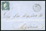 1859 2 Gr. Plate I, blue (azzurro), non-porous paper (NA), position 43, with four margins, on cover dated 15 February to Messina. Tied by Palermo despatch cds at right, with arrival backstamp on reverse.  A fine and attr