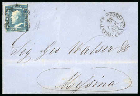 1859 2 Gr. Plate I, blue (azzurro), non-porous paper (NA), position 43, with four margins, on cover dated 15 February to Messina. Tied by Palermo despatch cds at right, with arrival backstamp on reverse.  A fine and attr