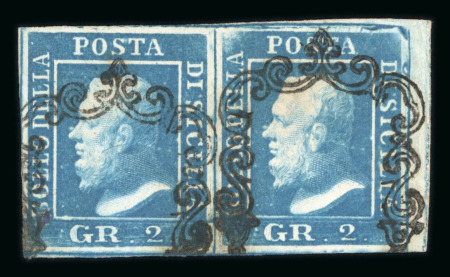 1859 2 Gr. Plate I, pale blue (azzurro smorto), positions 9-10, right-hand sheet marginal horizontal pair, with good to large margins. Fine used multiple, cancelled by well-defined strikes.   A particularly attractive mu