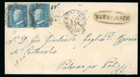 1859 2 Gr. Plate I, pale blue (azzurro smorto), horizontal pair on Assicurata cover to Palermo, with some touched margins. Tied by framed fancy oval NOTO despatch handstamp, overstruck by Palermo arrival marking.  A scar