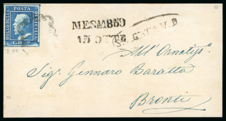 Stamp of Italian States » Sicily » 2 Grana, Plate I » Covers Sicily 1859 Cover front to Bronti, bearing single franking of the 1859 2 Gr. plate I, bright blue (azzurro vivo), with oval-framed S.AGATA V.D. depatch and Messina transit alongside, fine and scarce.
