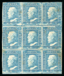Stamp of Italian States » Sicily » 2 Grana, Plate I » Stamps Sicily 1859 2 Gr. plate I, porous paper (NA), bright blue (azzurro chiaro), mint block of 9
