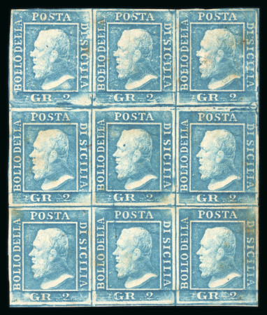 Stamp of Italian States » Sicily » 2 Grana, Plate I » Stamps Sicily 1859 2 Gr. plate I, porous paper (NA), bright blue (azzurro chiaro), mint block of 9