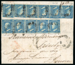 1859 2 Gr. Plate I, blue (azzurro), comprising two horizontal strips of five and a single, positions 51–55 on the front, positions 91–95 on the reverse, and single position 8, displaying a total of seven recorded retouch