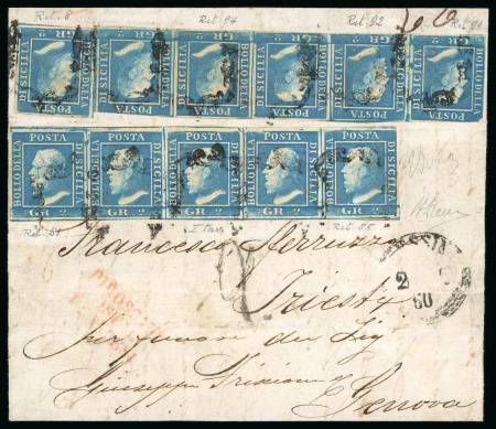 1859 2 Gr. Plate I, blue (azzurro), comprising two horizontal strips of five and a single, positions 51–55 on the front, positions 91–95 on the reverse, and single position 8, displaying a total of seven recorded retouch