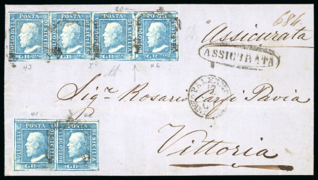 Stamp of Italian States » Sicily » 2 Grana, Plate I » Covers Sicily 1859 2Gr plate I, azzurro chiaro white paper, pair and strip of four registered entire